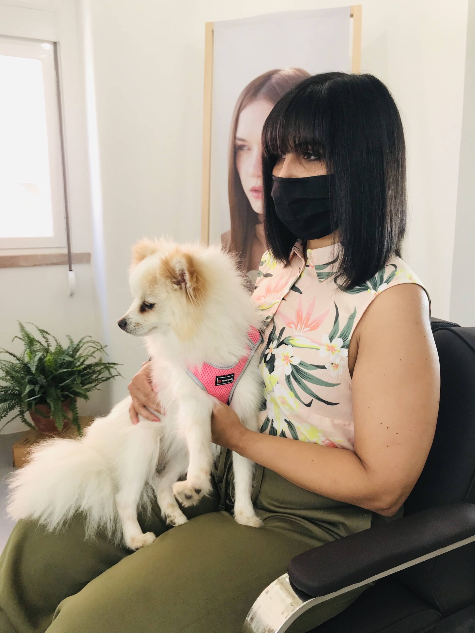 Dog and her human after a hair cut on dog-friendly bar KAYA